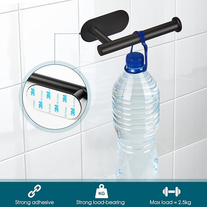 Self Adhesive Toilet Paper Holder, Matte Black Toilet Paper Holder Rustproof 304 Stainless Steel for Bathroom, Kitchen and Washroom, 3M Wall Mount DG-TPA21