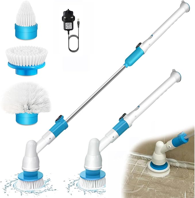 Electric Spin Scrubber 3200RPM Cordless Cleaning Brush - Adjustable Extension Handle (56cm to 105cm), Cordless Power Shower Scrubber with 3 Brush Head for Bathroom, Tub, Tile, Floor