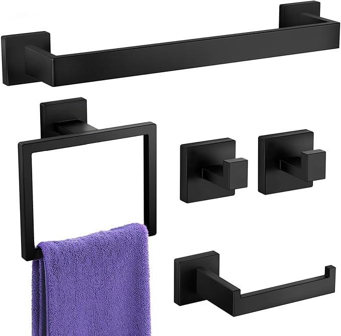 Bathroom Hardware Accessories Set: 5-Pieces Bath Towel Bar Set, Towel Racks for Bathroom Wall Mounted, SUS304 Stainless Steel, Matte Black