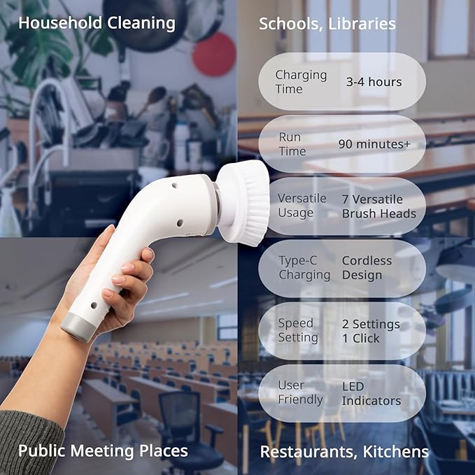 Evaclean Essentials Electric Spin Scrubber - Bathroom Cleaning Brush for Shower, Tub, Home, Up to 400rpm Power, Cordless, 90-Min Runtime, LED Indicator, 7 Brush Heads, 2 Speeds, Ergonomic Long Handle