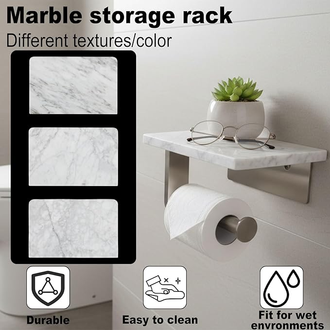 Toilet Paper Holder with Natural Marble Shelf for Bathroom Washroom,Wall Mounted Tissue Holder Suitable for Mega Roll (Brushed Nickel,Small 6.7 * 4.3 in)