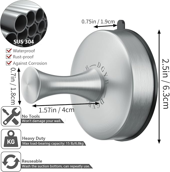 DGYB Suction Cup Hooks for Shower 2-Pcs Heavy-Duty 15LB Max Load, 304 Stainless Steel & PVC, No Drill Bathroom Wall Hooks for Towels, Robe, Loofah (Brush)