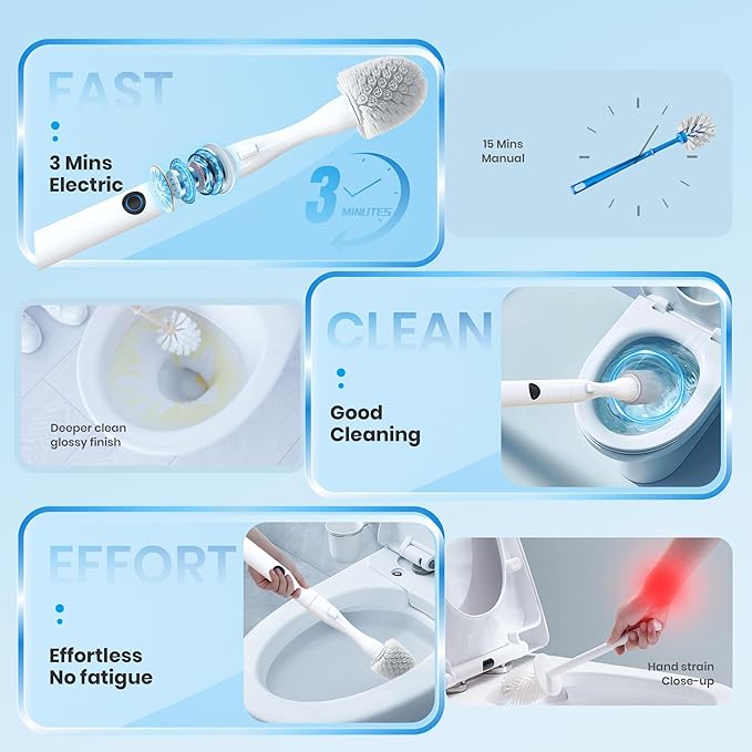Electric Toilet Brush with Holder, Hands-Free Auto-Clamp Toilet Scrubber with 3 Replacement Heads (Silicone/Nylon/Disposable) and Gap Brush, Compact Bathroom Cleaning Set for RV