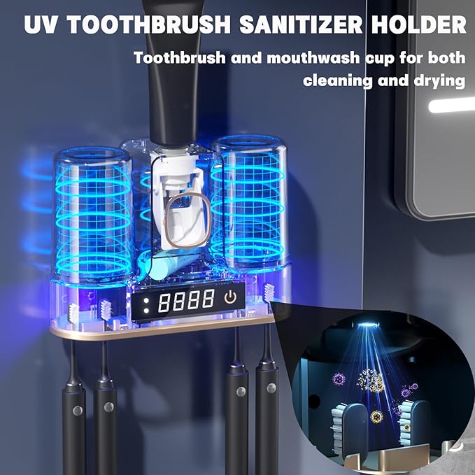 Electric Toothbrush Holders for Bathrooms, Dustproof Smart Toothbrush Holder Wall Mounted - 4 Brush/2 Cups, Auto Toothpaste Dispenser, Hot Air Drying & LCD Display,Toothbrush Cleaner (White)