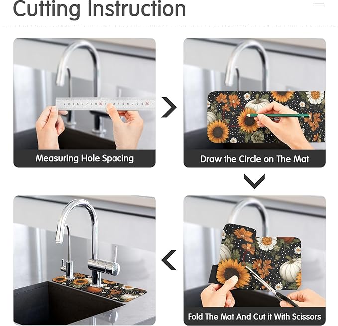 Kitchen Sink Splash Guard 1 PC 14.7 Inch Sink Faucet Mat Splash Guard for Bathroom Countertop Water Absorbent Foldable Cuttable Soft Washable Black Dotty Pumpkins Sunflowers Daisy