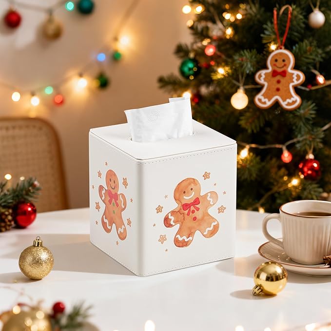 PU Leather Tissue Box Cover Square Tissue Box Holder with Magnetic Closure, Decorative Tissue Holder for Bathroom Bedroom Office (Gingerbread Man)
