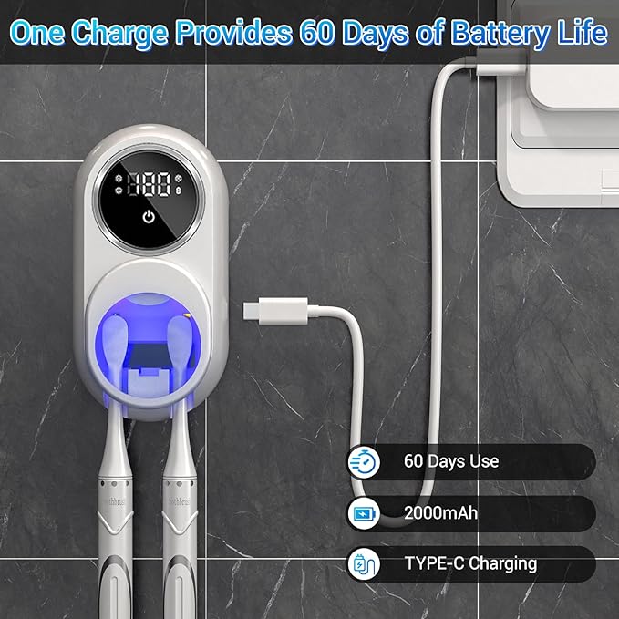 Smart Electric Toothbrush Holders for Bathrooms,Travel Toothbrush Holder with Motion-Sensing Cover,Auto-Clean & Instant Dry,2 Brush Slots,LED Display & USB Rechargeable (White)