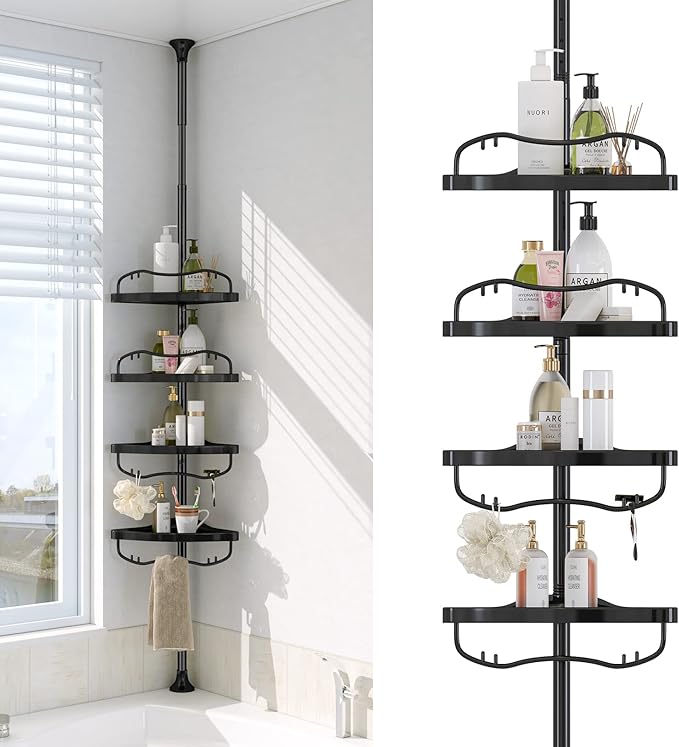 Corner Shower Caddy Tension Pole - Heavy Duty Floor to Ceiling Shower Organizer Tension Pole with 4 Shelves,54"-114” Adjustable Rustproof Stand Rack for Bathtub,Bathroom,Dorm,RV - Black