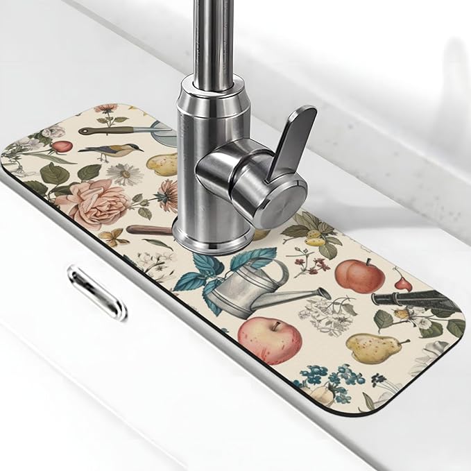 Faucet Draining Mat For Kitchen Sink, Roses Daisies Fruits Garden Diatom Mud Absorbent Drain Pad For Bathroom Kitchen Sink Splash Guard Drying Mat