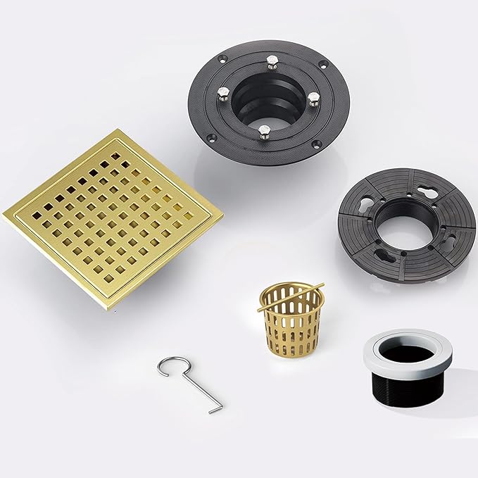 6 Inch Square Shower Floor Drain, Shower Drain Kit with Flange, Square Shower Drain, SUS 304 Stainless Steel Floor Drain,Golden