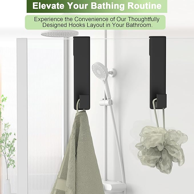 Shower Door Hooks, Heavy Duty Rack Hooks for Robe, Stainless Steel Towel Hooks for Bathroom, Fits Frameless Glass Shower Doors up to 3/8" (10mm) Thick (Black, 2 Pack)