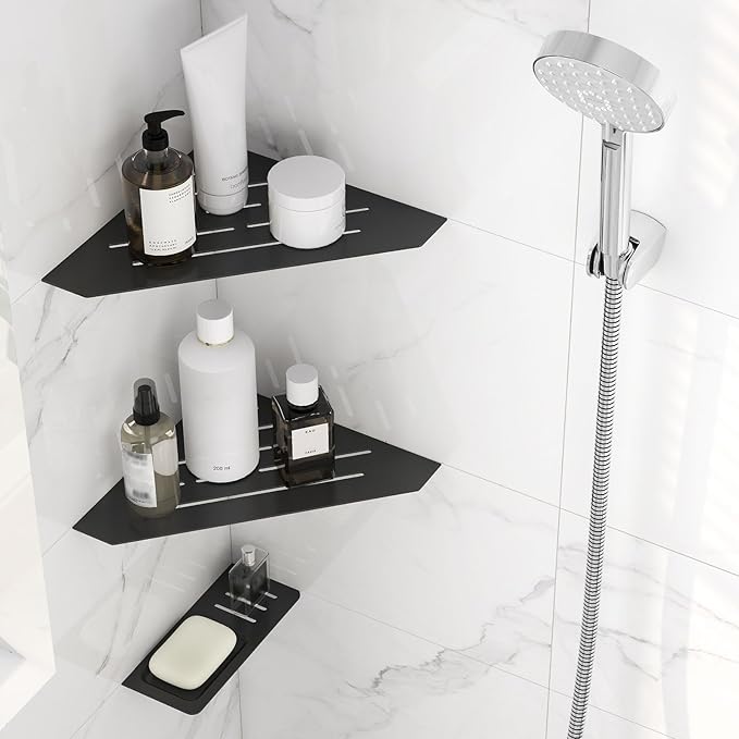 10" Recessed Corner Shower Shelf 2 Packs, Grout Mount Install ation with Soap Holder, Bathroom Cornor Organizer for Tiled Wall, Requires Sealant, Matte Black