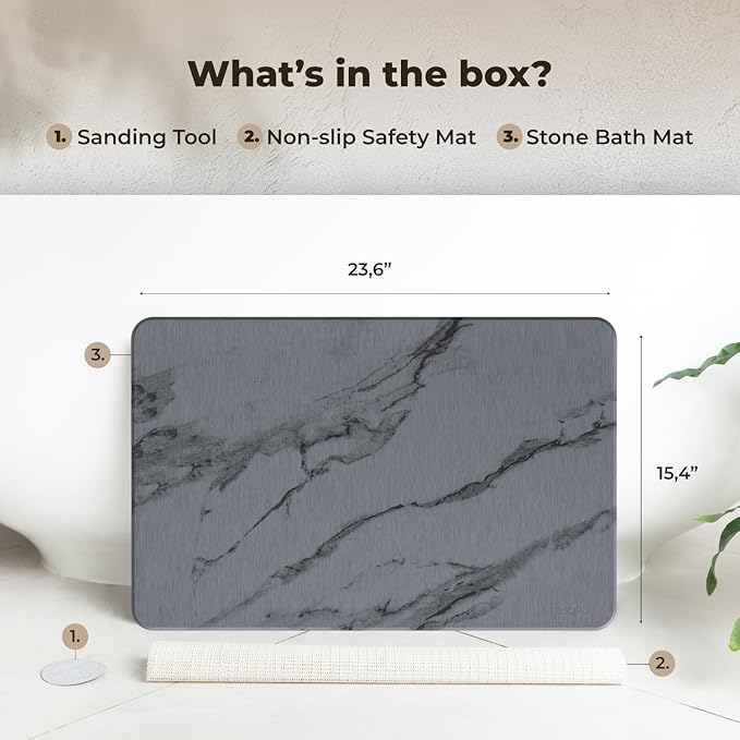 Stone Bath Mat Diatomaceous Earth Shower Mat Non-Slip Super Absorbent Diatomite Stone Bath Mats for Bathroom Floor Quick Drying Natural Easy to Clean (23.5 x 15) - Graphite