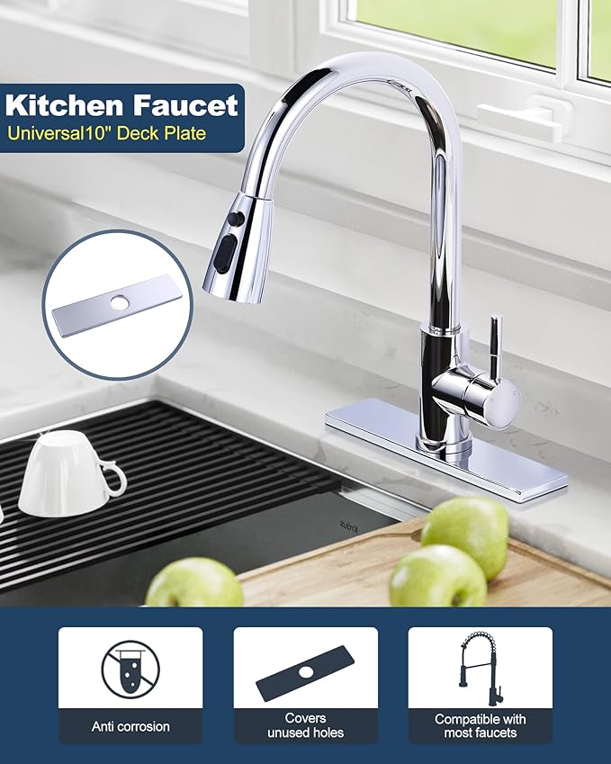 10" Sink Faucet Hole Cover Deck Plate for Kitchen & Bathroom Vanity Sink, Faucet Chrome Escutcheon Plate Stainless Steel Outside Faucet Cover Cap for 1 or 3 Hole Mixer Tap (Rectangle)