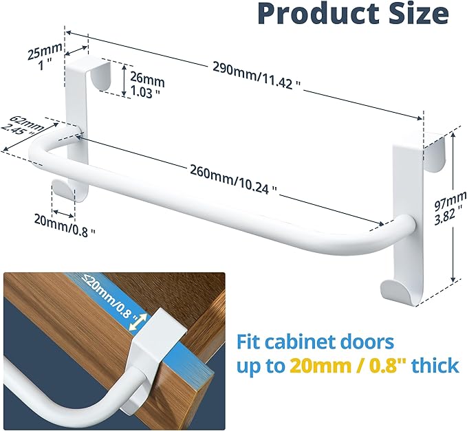 SAYAYO Over Cabinet Towel Bar White, 10 Inch Kitchen Towel Holder with 2 Hooks, Over The Cupboard Door Dish Towel Rack, 2 Pcs