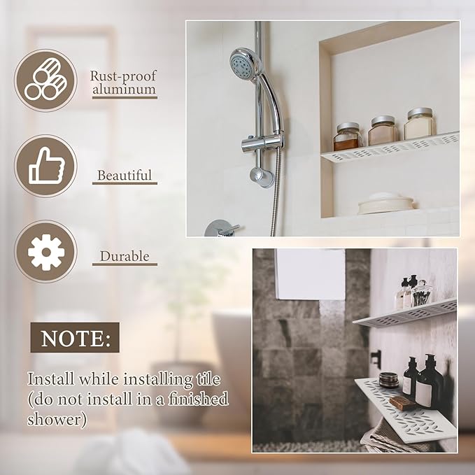 1 Pcs Aluminum Shower Niche Rectangular Shelf White 5/32"/ 4 mm Thick, Petal Design, Matte White Finish for 12" Prefabricated Niches, Fits 5/32" Grout Line