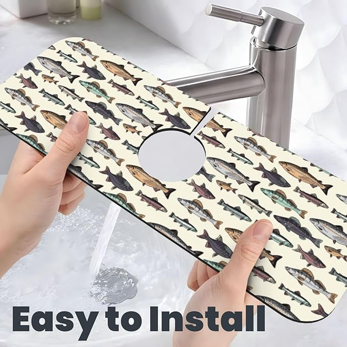 Vintage Bass Fish Bait Fishing Kitchen Sink Splash Guard Faucet Mat 1 Pcs, Absorbent Fast Drying Mat Gadgets Splash Guard For Bathroom 15 X 5.5 Inches