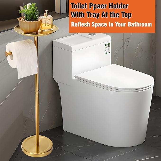 Tofix Freestanding Toilet Paper Holder with Shelf and Tray, Stainless Steel Base, Gold