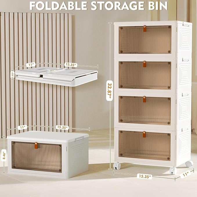 4 Tier Plastic Storage Bins with Lid 23QT, Stackable Storage Containers with Wheels, Folding Storage Boxes, Collapsible Storage Bins, Closet Organizers and Storage for Living Room