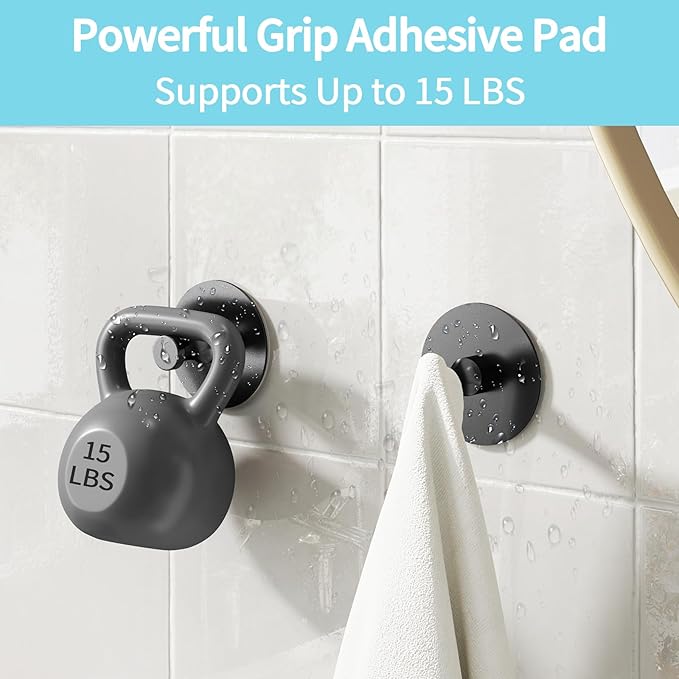 Adhesive Hooks for Walls No Damage 4 PCS, Heavy Duty Aluminum Strong Adhesive Towel Hooks for Bathrooms for Inside Shower for Hanging Loofah, Clothes, Robes