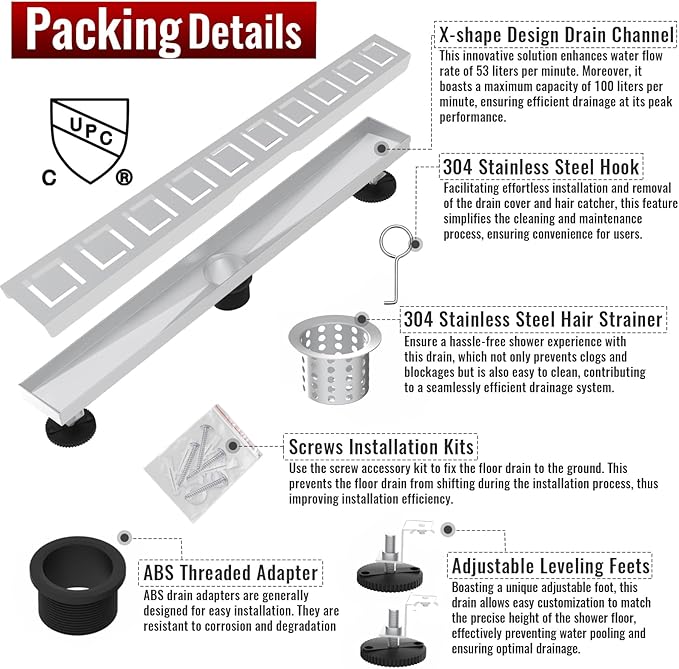 24 Inch Linear Shower Drain, Brushed Nickel Shower Drain, Removable Grate, 304 Stainless Steel, Easy to Install and Clean for Bathrooms (Drain Base Not Included), LSD-30A-24S