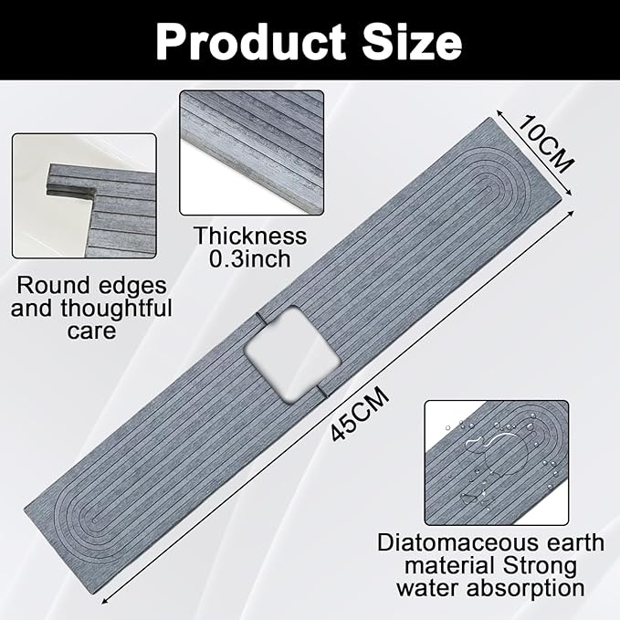 Faucet Mat for Kitchen Sink, Stone Faucet Mat for Kitchen Sink Tray 17.71*3.94*0.35in Square Hole Prevents Moisture Buildup Suitable for Bathroom Countertop Faucet Around Sink Light Gray