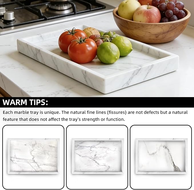 Yew & Tulip Natural Marble Vanity Tray, Nature White Marble with Spots Serving Tray for Bathroom, Kitchen, Vanity, Home Decor, Wedding etc. (12" x 8" x 1.2")