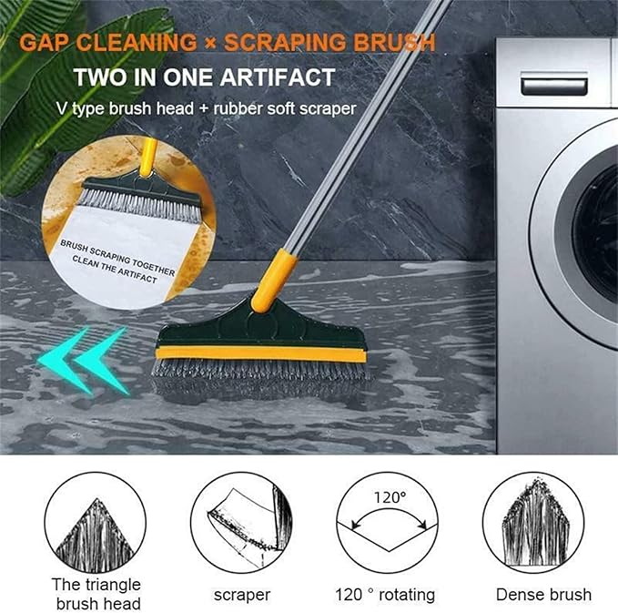 Floor Scrub Brush with Long Handle - 2 in 1 Long Handle Scrub Brush,Adjustable V-Shaped Floor Brush Scrubber, 120 Degree Triangular Rotating Brush Head Shakven