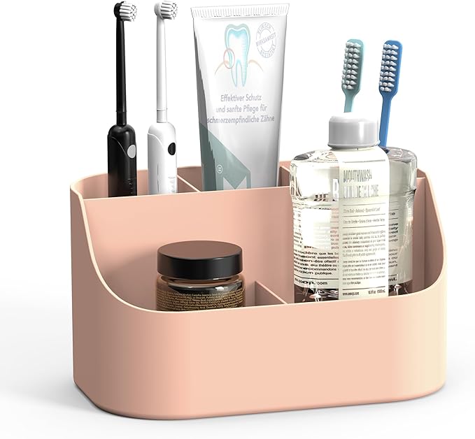 Toothbrush Holders for Bathrooms, Toothpaste and Electric Tooth Brush Holder Storage Caddy for Shower, 5 Slots Cute Bathroom Countertop Makeup Organizer for Vanity, Pink Bathroom Accessories Decor
