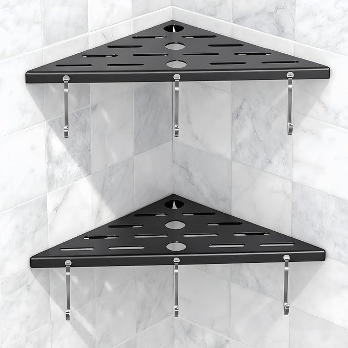 2 Pack Corner Shower Shelf,10" 304 Stainless Steel Bathroom Shelves Add 6 Hooks 40 lbs Heavy Duty Capacity Durable Bathroom Shower Shelf for Inside Shower Drilling Installation (Black)