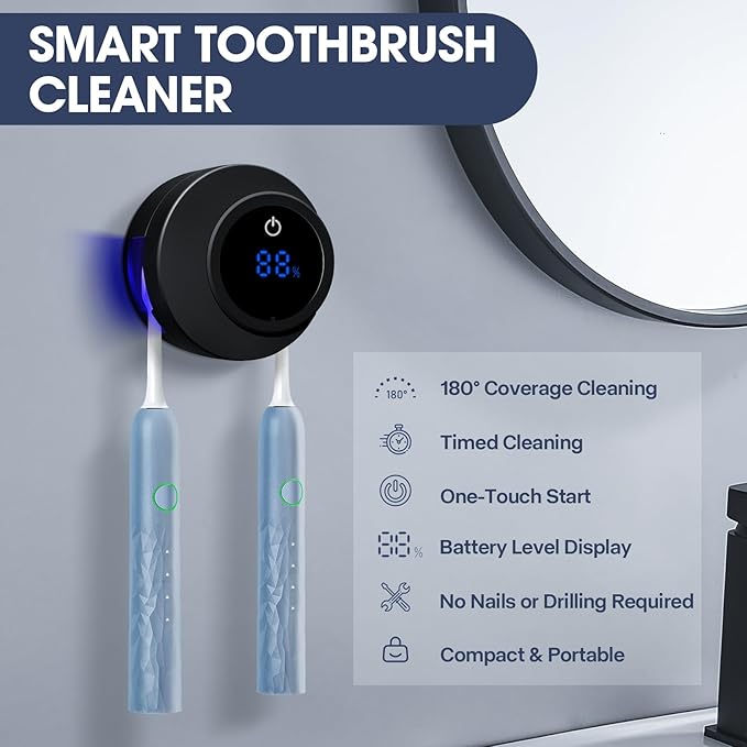 Toothbrush Holders Cleaner & Dryer for Bathroom,Wall Mounted Toothbrush Holder Case with LED Smart Screen,Toothbrush Cleaner with Auto Inductive Open/Close Cover for Home Travel (Black)