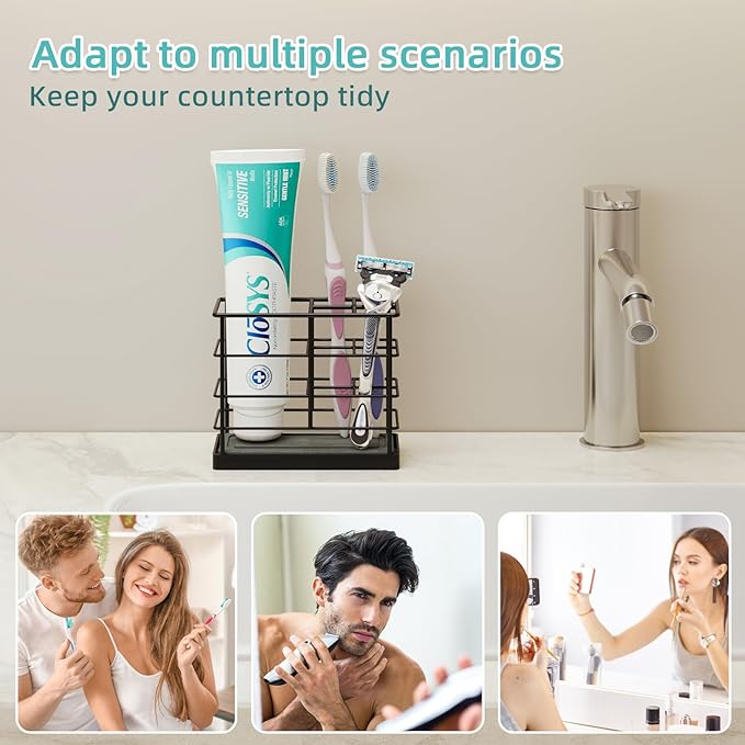 Toothbrush Holders, Bathroom Organizers and Storage with Instant Drying Stone, Bathroom Accessories Toothpaste Holders, Bathroom Counter Organizer, Black