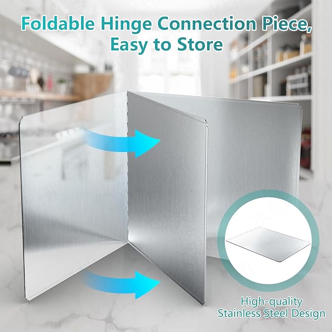 18"x16" Kitchen Splash Guard (2 PCS), Foldable Stainless Steel Backsplash Panel with Edge Protection, Heat Insulation Splashback for Stove and Counter