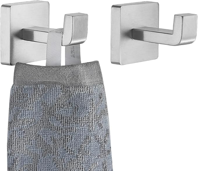 JQK Bathroom Towel Hook Brushed, Coat Robe Clothes Bath Wall Hooks for Kitchen Garage SUS 304 Stainless Steel Thick 0.8mm, 2 Pack Brushed Steel, TH250-BN-P2