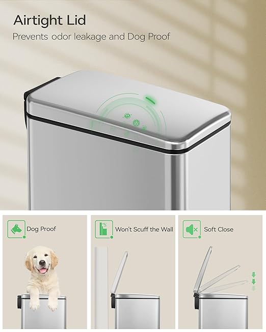 Small Bathroom Trash Can with 15 Garbage Bags,2.6 Gallon Stainless Steel Garbage Can with Lid Soft Close,Small Trash Bin for Bathroom,Kitchen,Home Office,Silver