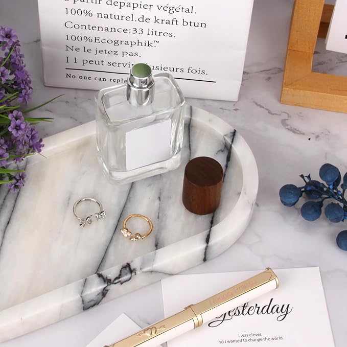 Oval Marble Bathroom Vanity Tray, Natural Luxury Marble Home Kitchen Bathroom Table Tray, Stone Decorative Countertop Serving Trays for Coffee Perfume Jewelry Makeup (Lilac, 10 * 5 * 0.6)