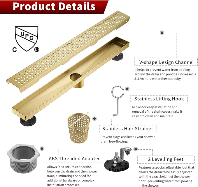 Sharp-tec 36 inch Linear Shower Drain, Gold Rectangular Floor Drain, V-Shape Design Drain Channel, 304 Stainless Steel, cUPC Certificated for Bathroom Shower Room (Drain Base is Not Included)