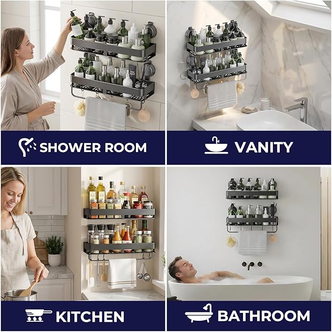 ONXE Shower Caddy Suction Cup,2 Pack Extra-Strong Suction Shower Shelves,No Drilling Rustproof Organizer for Bathroom,Kitchen,Home Decor,Reusable Bathroom Storage with Large Capacity(11.8 inch)