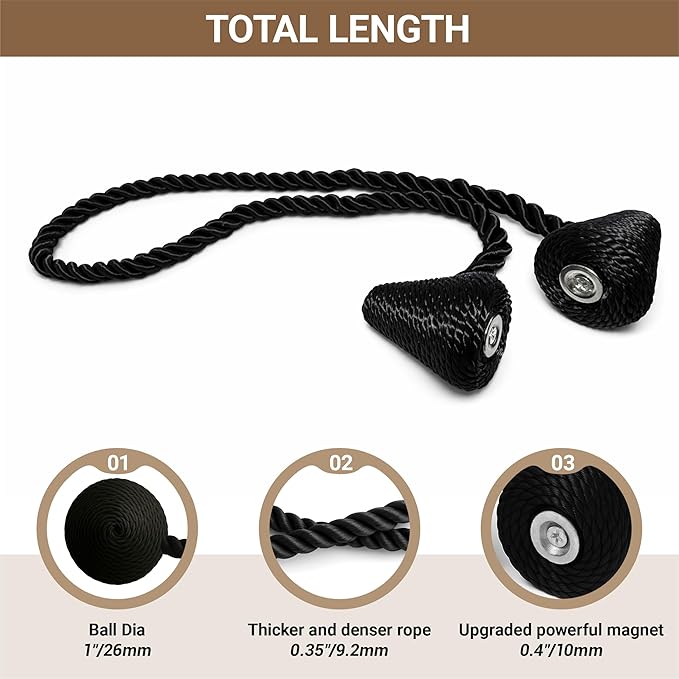 Hion Magnetic Curtain Tiebacks Black 2pcs, Curtain Tiebacks Buckles Holdbacks Holders Hooks Clip for Home Bedroom Office Decorative Curtain