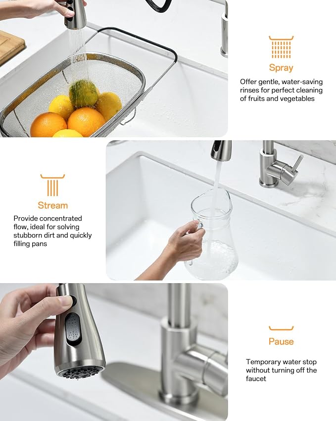 Kicimpro Kitchen Faucet with Pull Down Sprayer, Zero Leakage 3 Hole Brushed Nickel RV Kitchen Sink Faucet with Water Line, NSF Certified Lead-Free 304 Stainless Steel Pull Down Kitchen Faucet