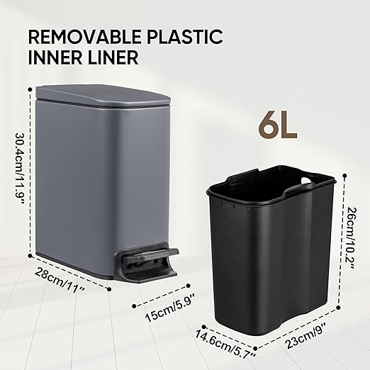 6 Liter 1.6 Gallon Small BathroomTrash Can with Soft Lid Garbage Can with Removable Inner Bucket Dust Bin Waste Bin Bathroom Garbage Can Pedal Powder Coated Metal Grey