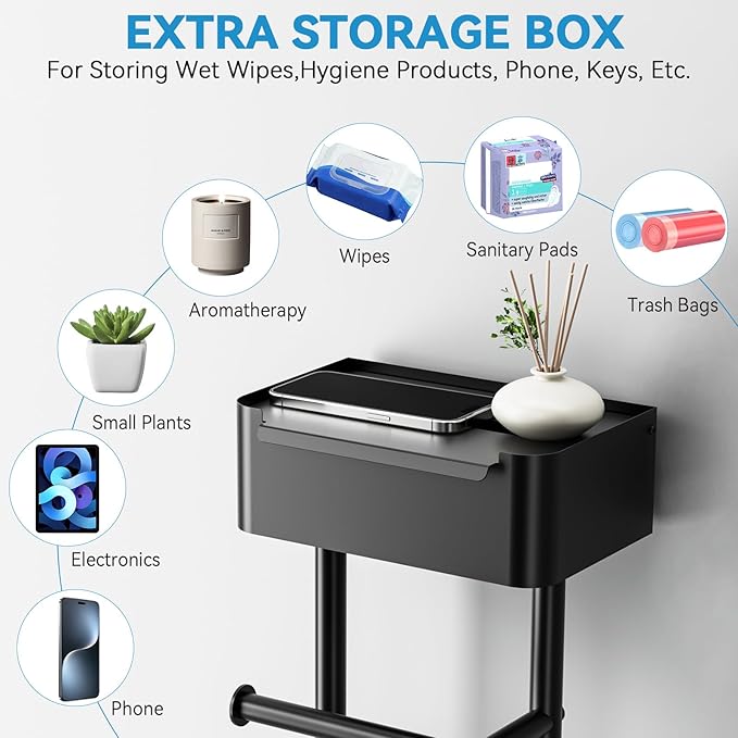 Toilet Paper Holder Free Standing - Toilet Paper Stand with Shelf - Storage for 4 Rolls- Bathroom Organizers, No Drill, for Large Toilet Rolls, 29.7 inch*12.6 inch (Matte Black)