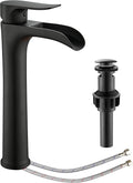 YUNDOOM Matte Black Vessel Sink Faucet, Deck Mount, Single Hole, Waterfall Design, Easy Installation, Durable, Drip-Free, Ceramic Disc Cartridge Valve, Solid Brass Material