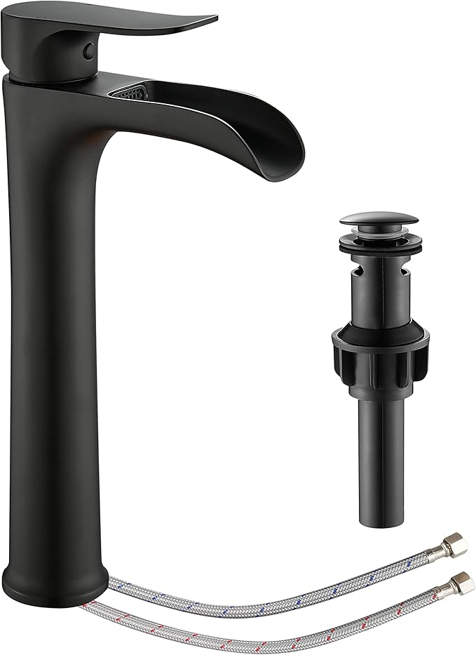 YUNDOOM Matte Black Vessel Sink Faucet, Deck Mount, Single Hole, Waterfall Design, Easy Installation, Durable, Drip-Free, Ceramic Disc Cartridge Valve, Solid Brass Material