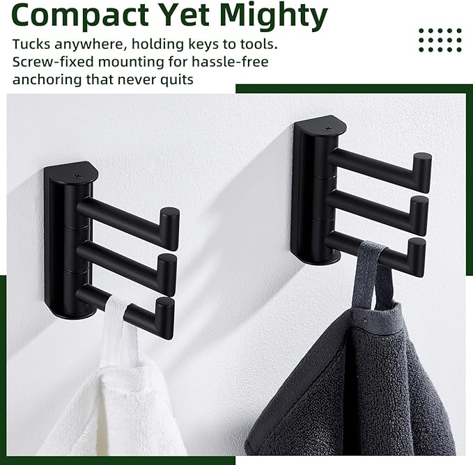 APLusee Matte Black Swivel Towel Hooks for Bathroom 2 Pack, 304 Stainless Steel Foldable Coat Hooks with Multi 3 Arms, Heavy Duty Robe Towel Holders Wall Mounted