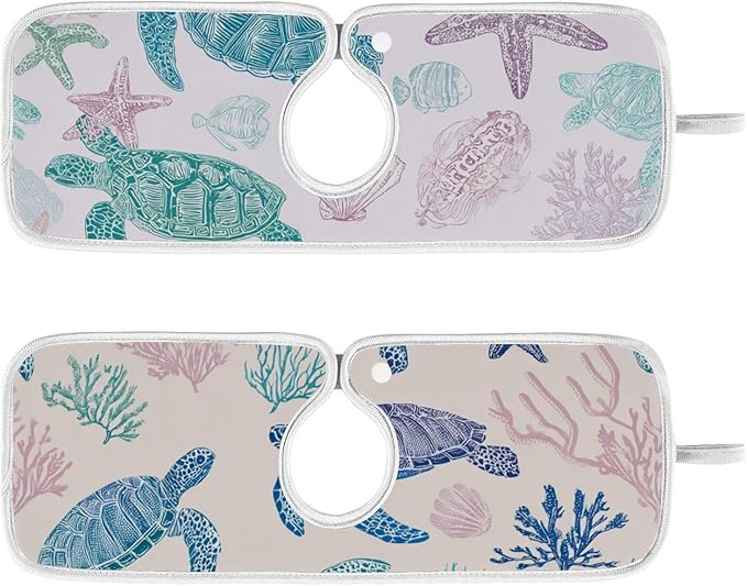 Sink Faucet Absorbing Mat Kitchen Sink Splash Guard Splash Faucet Drip Catcher for Bar RV Bathroom 2PCS 14.9x5.5in Line Turtles Starfish and Coral
