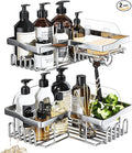 SWTYMIKI Shower Caddy Corner with Soap Holder, 2-Tier Stainless Steel Corner Shower Organizer with 11 Hooks, No Drilling & 6 Strong Adhesives Bathroom Shelf Organizer, Silver - 2 Tier
