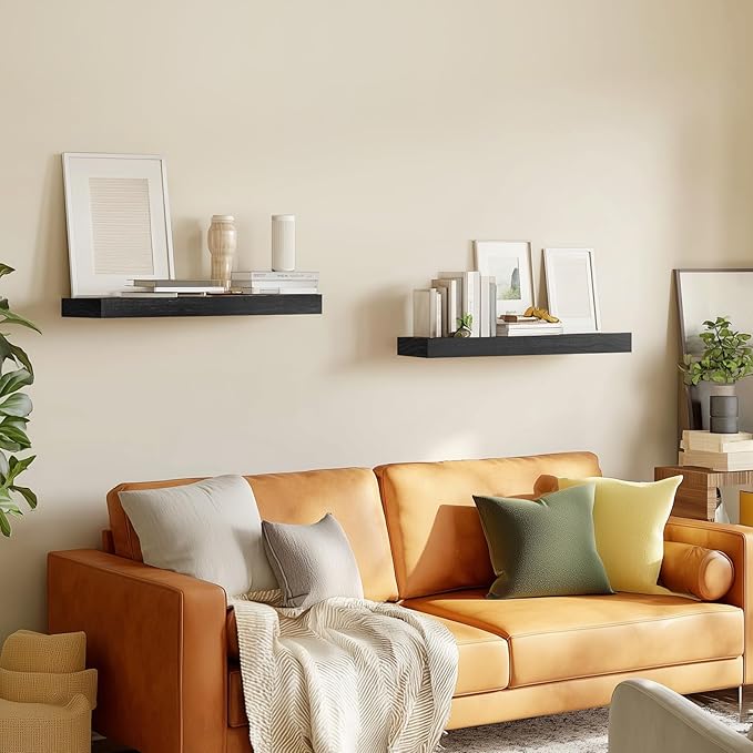 Floating Wall Shelf 16x6.8x1.7 Inch – Solid Wood Shelf in Black Finish – Wall Mounted Rustic Display Organizer for Bathroom, Kitchen, Bedroom, Small Spaces – Set of 2