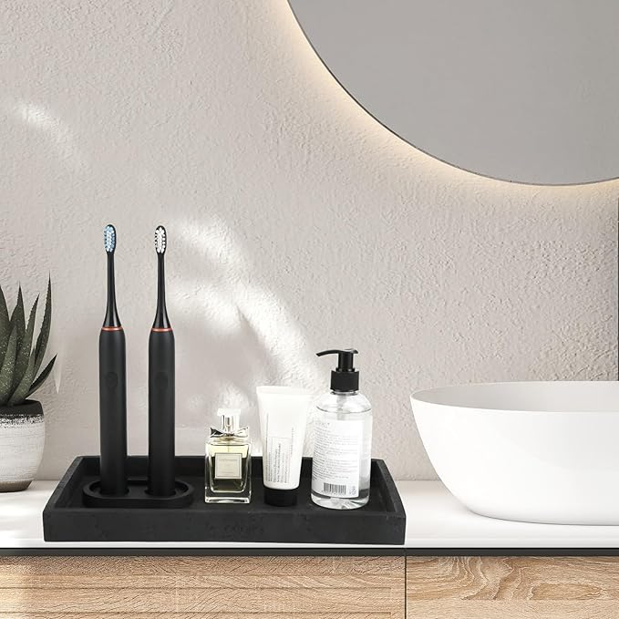 Artificial Travertine Tray, 12"x8" Perfume Tray for Bathroom Counter, Vanity, Home Organizer, Decorative Marble Trays for Perfume, Jewelry, Candles, Coffee, Rectangle, Black