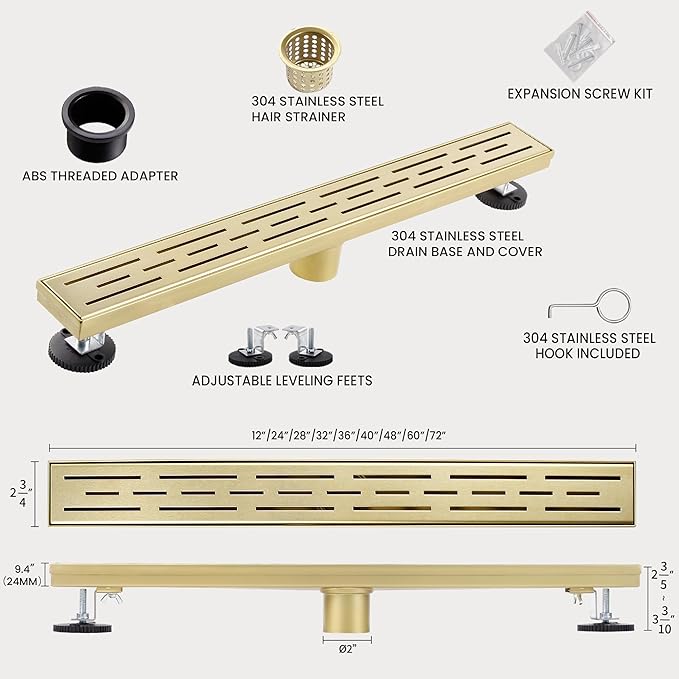 12 Inch Linear Shower Drain, Brushed Gold Shower Drain,Removable Grate, 304 Stainless Steel, Easy to Install and Clean for Bathrooms (Drain Base Not Included), LSD-01A-12G